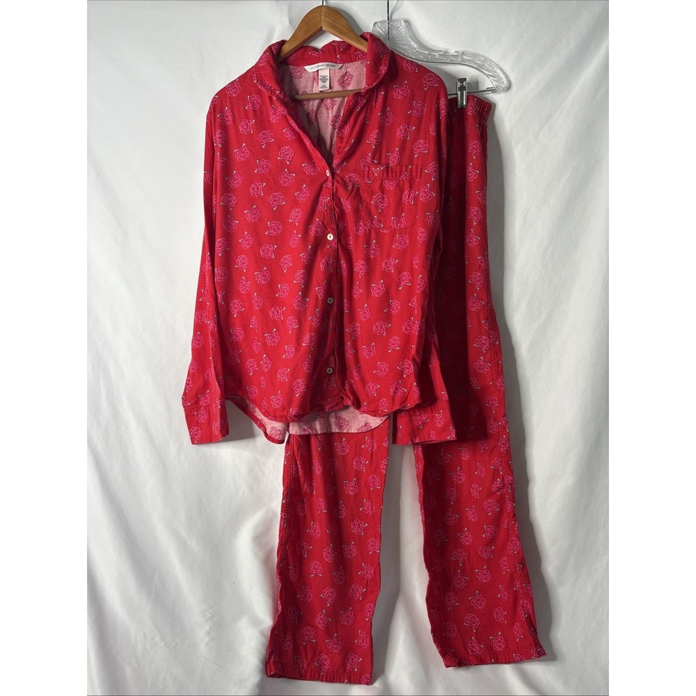 Victorias Secret Pajamas Womens M Long Red Roses 2 Pc Set Sleepwear Valentines